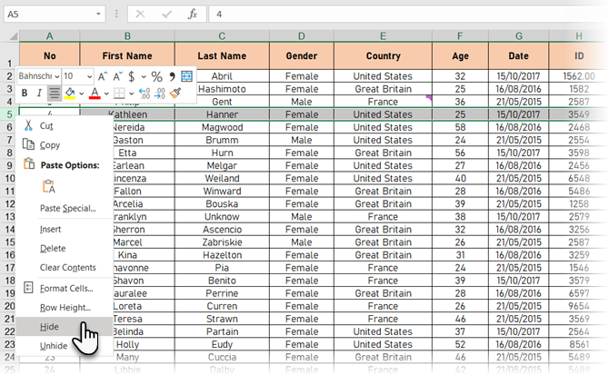 Excel'deki Satırları Gizle