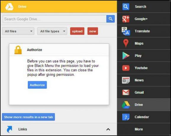 Siyah Menü: Tüm Google Hizmetlerine Tek Bir Menüden [Chrome] Gdrive izni verin