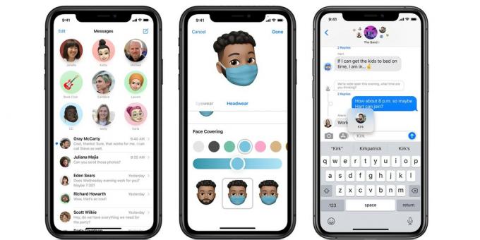 Apple'ın Mesajlar uygulamasının iPhone ekran görüntüleri, soldan sağa: sabitlenmiş sohbetler, Memoji'niz için yüz maskesi ve grup sohbetlerinde bahsedenler