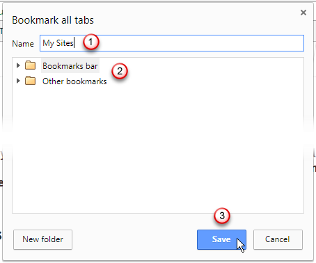 Chrome'da tüm sekmelere yer işareti koyma iletişim kutusu