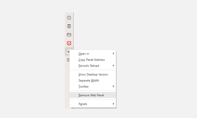 Vivaldi'de web panellerinin nasıl kaldırılacağını gösteren ekran görüntüsü