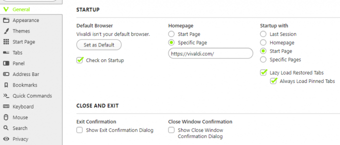 Vivaldi Ayarlar Sayfası Genel Sekmesinin ekran görüntüsü