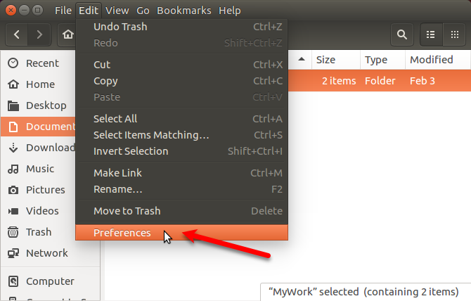 Düzenle> Ubuntu'daki Nautilus'ta Tercihler'e gidin
