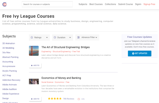 Çevrimiçi kurslar dizini içeren kurs ana sayfası