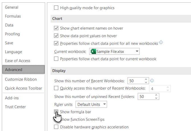 Excel Seçeneklerini Kullanarak Formül Çubuğunu Gizleme