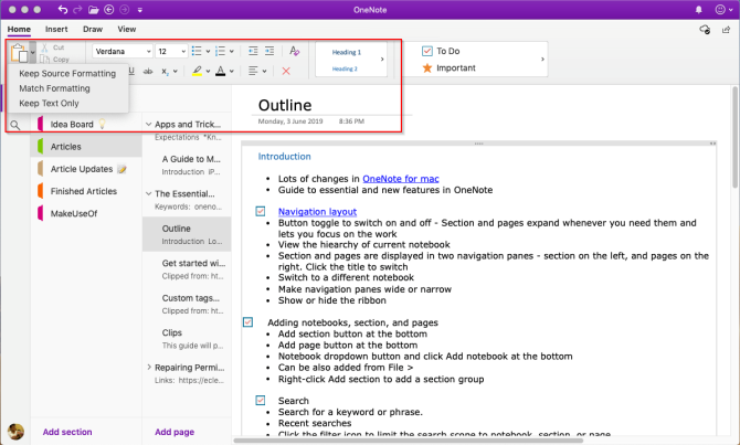 OneNote Mac'te biçimlendirme araçları