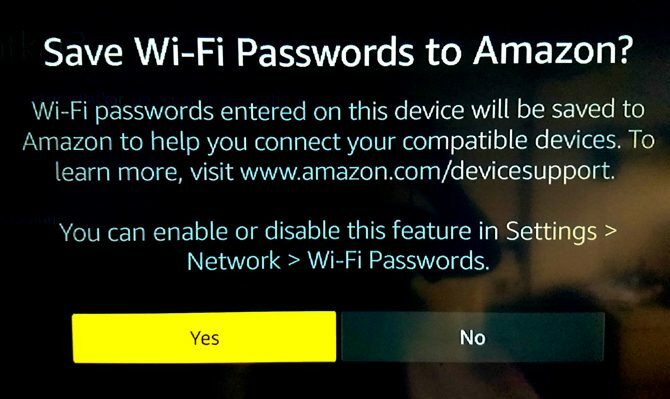 Amazon Fire TV Stick'i kurma: wi-fi şifrelerini Amazon'a kaydetmek ister misiniz?