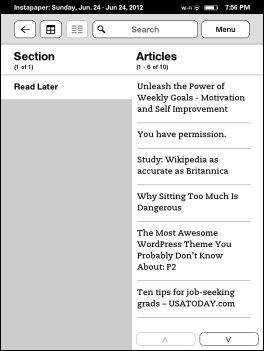 Nasıl Tablet olmayan Kindle Instapaper daha sonra okumak için Web makaleleri kaydetmek Daha sonra okuyun Makale listesi Görünümü başparmak