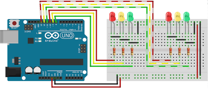 Kavşaklı Arduino trafik ışıkları için cricuit diyagramı
