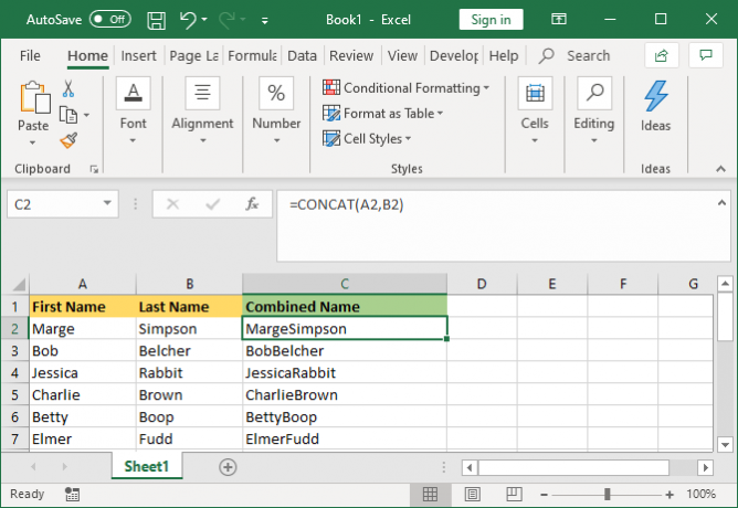 excel birleşik hücreleri CONCAT