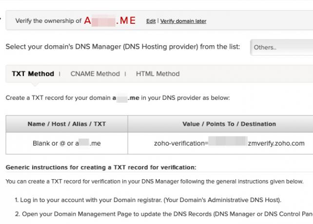 Zoho'nun alan adını doğrulama talimatları