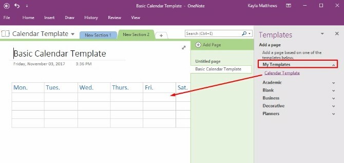 onenote takvim şablonu oluştur