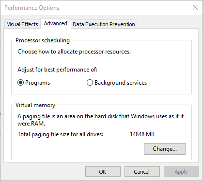 Windows gelişmiş performans seçenekleri
