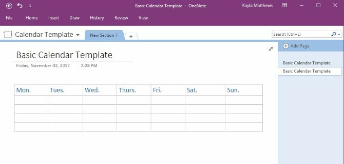 onenote takvim şablonu oluştur