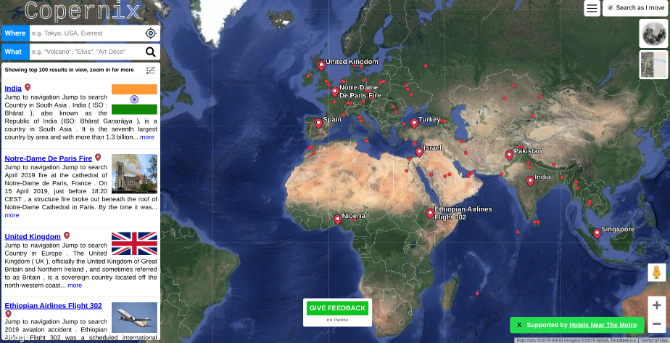 Copernix'teki ilginç wikipedia girişleriyle dünya haritasına göz atın