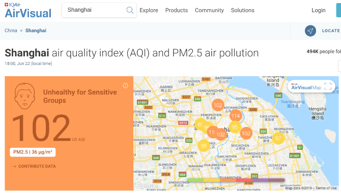AirVisual, herhangi bir şehirde ve şehrin belirli bölgelerinde hava kalitesi endeksini gösterir