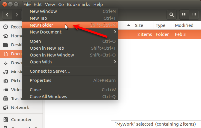 Dosya> Ubuntu'daki Nautilus'ta Yeni Klasör'e gidin