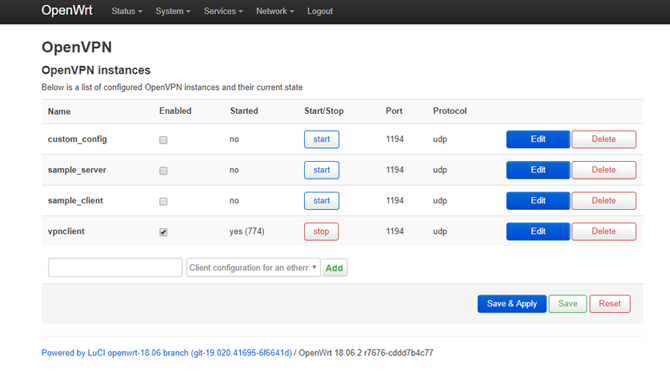 OpenWRT LuCI Kontrol Paneli OpenVPN Menüsü