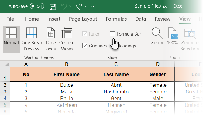 Excel'deki Görünüm sekmesini kullanarak Formül Çubuğunu gizleme