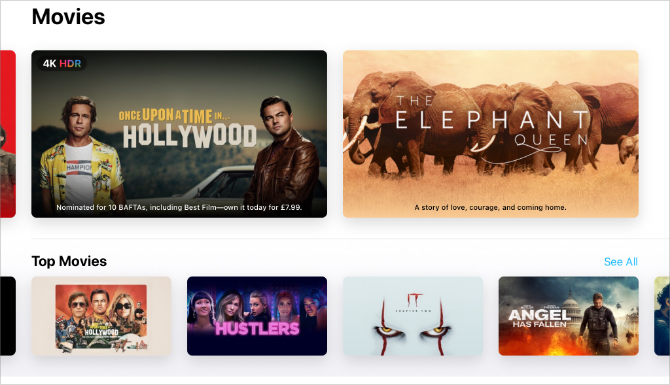 En son filmleri gösteren Apple TV uygulaması