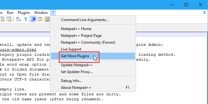 Notepad ++ uygulamasındaki Yardım menüsünde Daha Fazla Eklenti Al'ı seçin