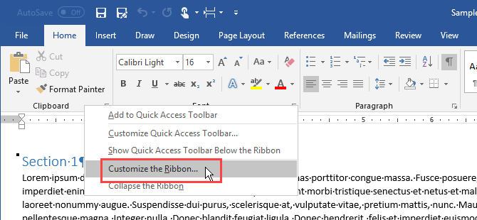 Microsoft Word'de şeride sağ tıklayın ve Şeridi Özelleştir'i seçin