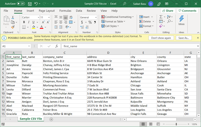 Excel'de Açılan CSV Dosyası