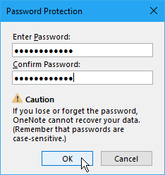 OneNote 2016'da Parola Koruması iletişim kutusu
