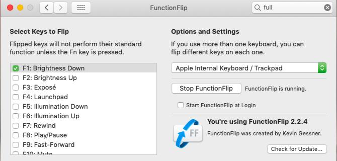 MacOS'ta FunctionFlip uygulaması için ayarlar bölmesi
