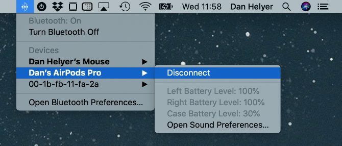 MacOS Bluetooth menüsünde AirPods pil seviyesi