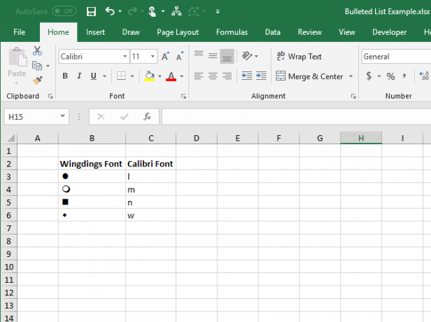 Caliber yazı tipindeki harfler ve Excel'deki Wingdings yazı tipindeki eşdeğer simgeler