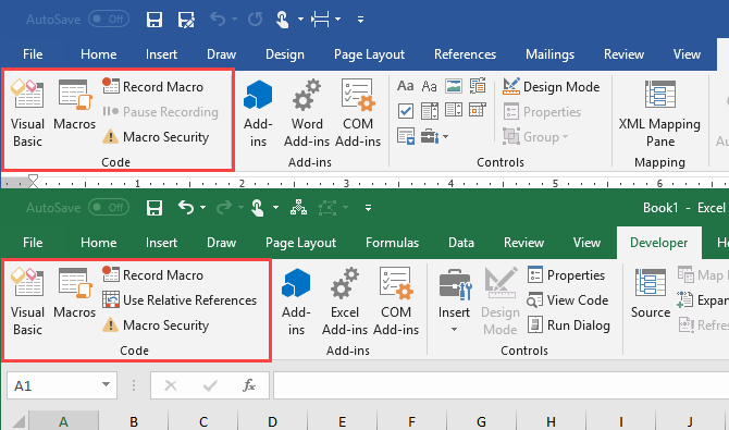 Microsoft Word ve Microsoft Excel'deki Geliştirici sekmesindeki Kod bölümü