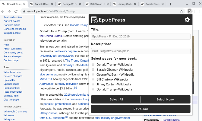 EpubPress ile birden çok Wikipedia bağlantısının çevrimdışı bir e-kitabı oluşturun