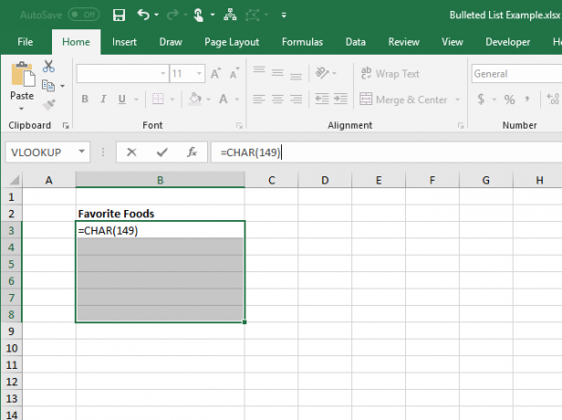 Excel'deki bir hücredeki madde işareti için CHAR işlevini girin