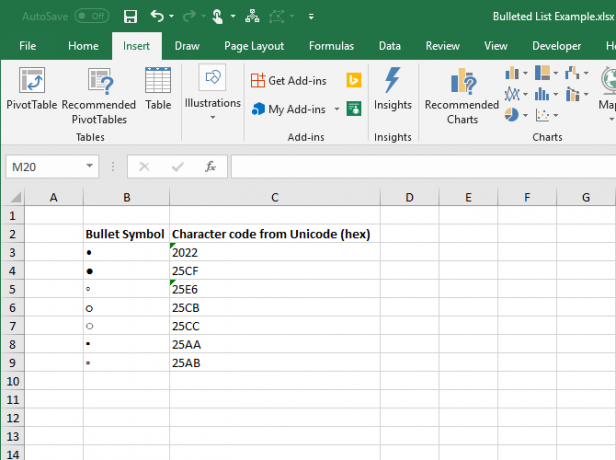 Excel'de onaltılık madde işareti sembolleri ve karakter kodları