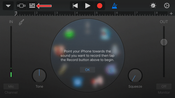 GarageBand uygulaması ses kaydedici ekranı