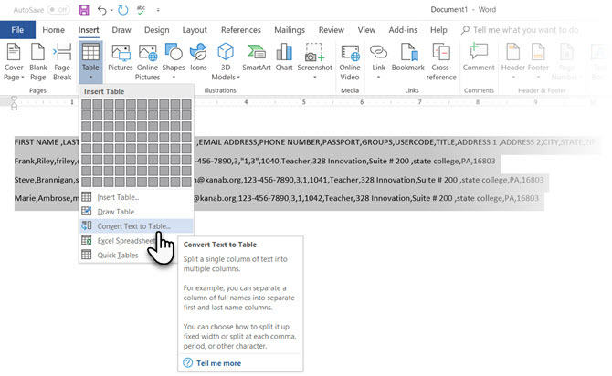 Microsoft Word Metni Tabloya Dönüştür