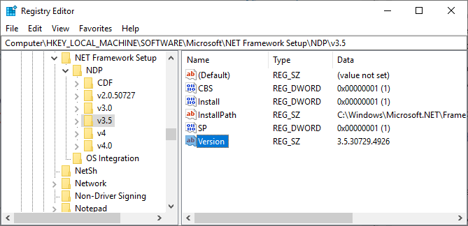 regedit net framework eski sürüm