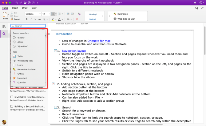 OneNote Mac'te notları ara