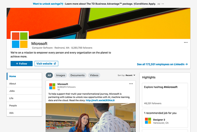 LinkedIn'de Microsoft'u takip et