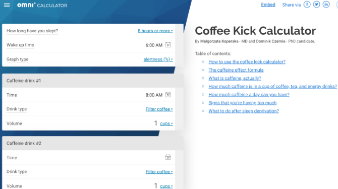 Omnicalculator tarafından hazırlanan Coffee Kick, kahve alımı ve uyku programına göre en çok uyanık olacağınızı gösterir