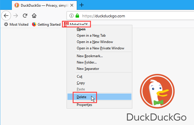 Firefox'ta bir yer işaretini sağ tıklayın ve Sil'i seçin