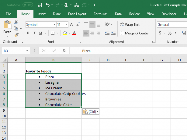 Word'den Excel'deki birden çok hücreye kopyalanan madde işaretli liste