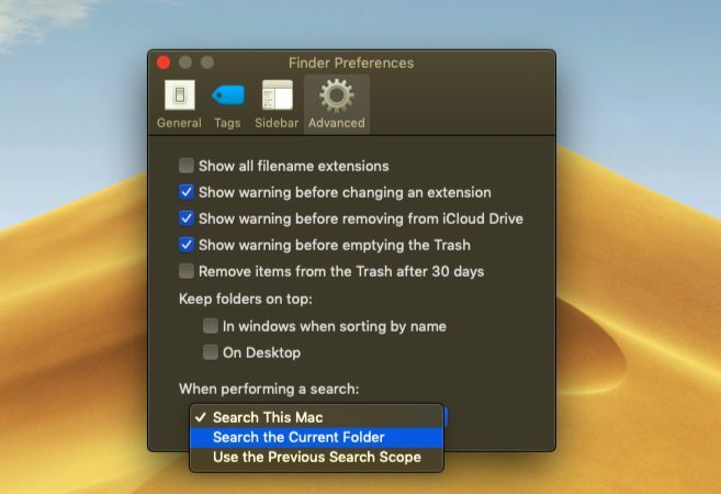 macOS Finder'da özel arama seçeneklerini ayarlama