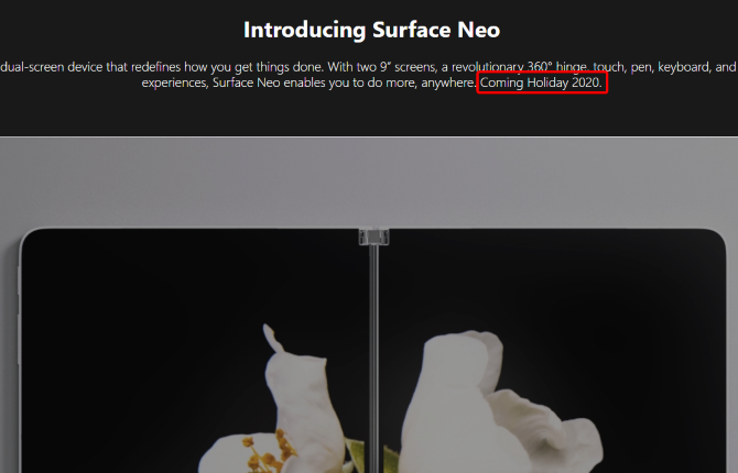 Gecikmeden önce Microsoft Surface Neo ürün sayfası