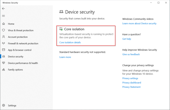 Windows Defender'da çekirdek yalıtım özelliği