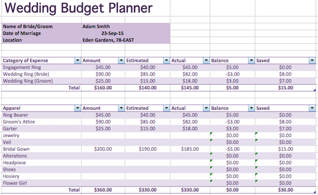 Bir aile bütçe tablo-excel-düğün-bütçe planlayıcısı