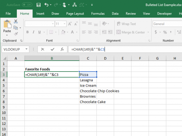Excel'deki başka bir sütundaki öğelerden madde işaretli liste oluşturma