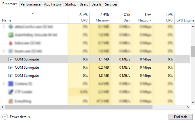 Windows Görev Yöneticisi'nde COM Yedek Süreci