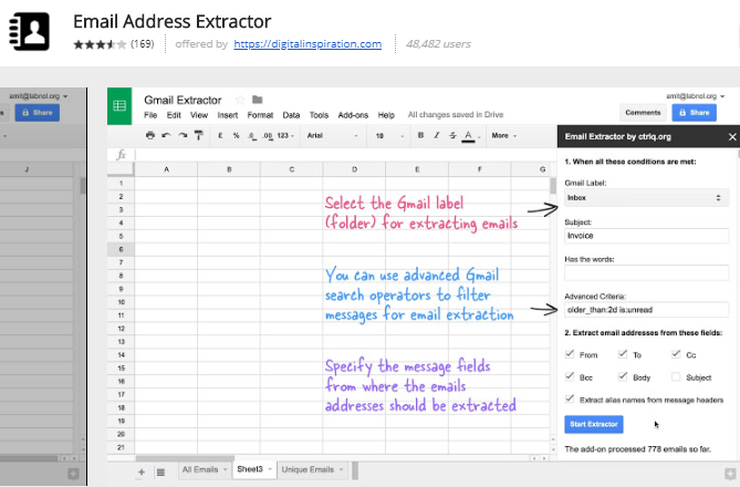 google sheets eklentileri - E-posta adresi çıkarıcı